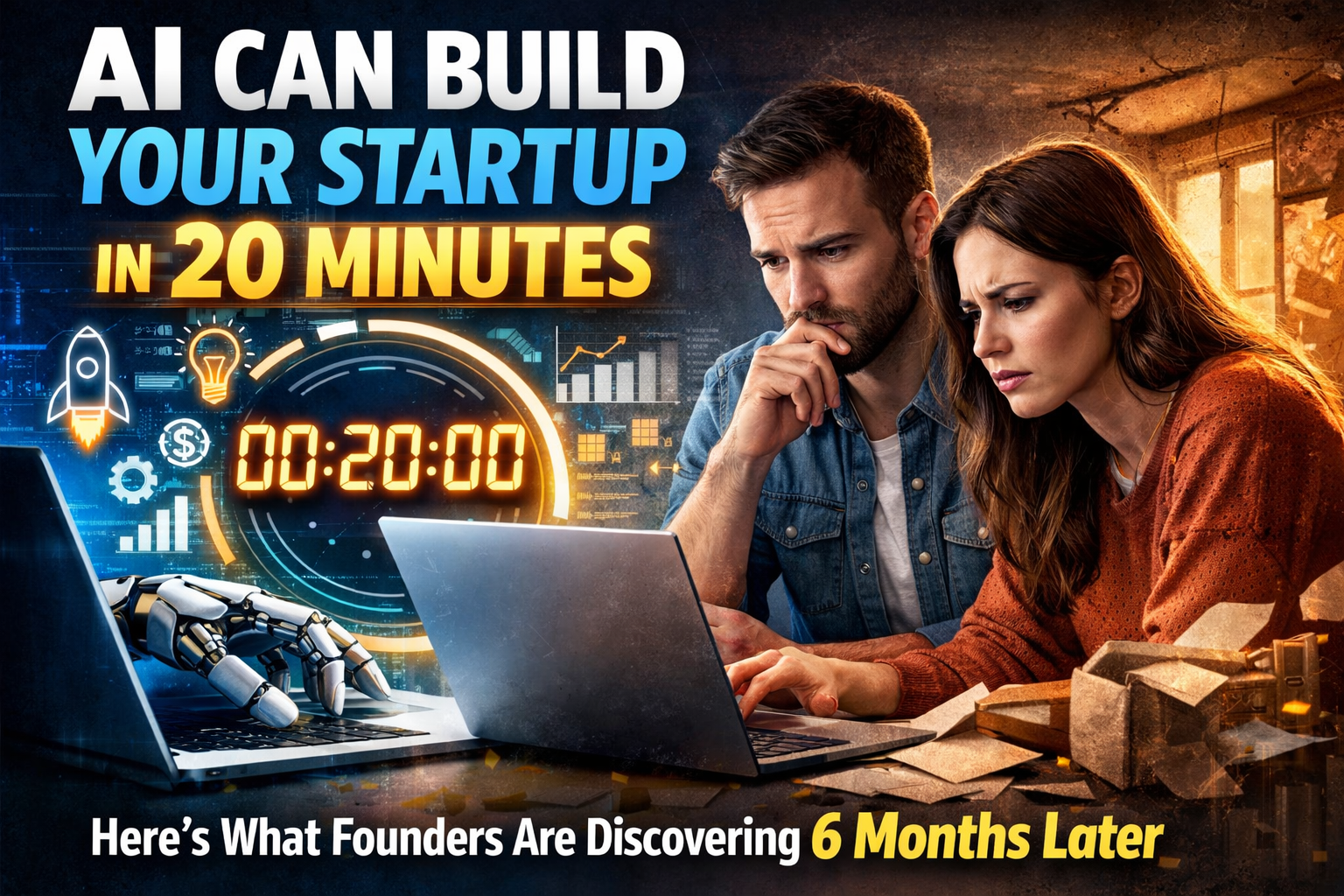 Founder at a desk reviewing code on a laptop with an AI assistant interface open