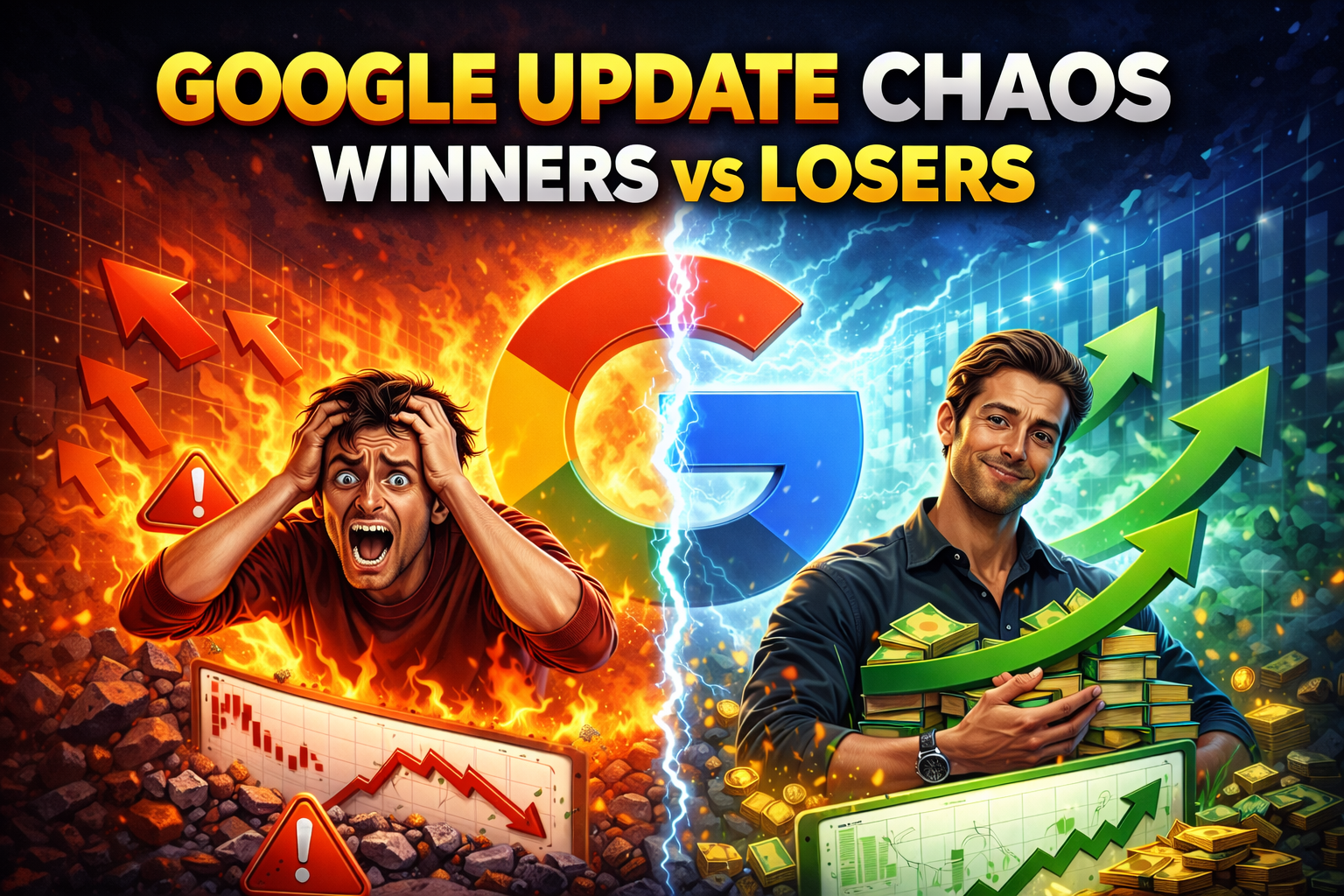 Google search results on a laptop screen with a downward traffic graph visible in the background