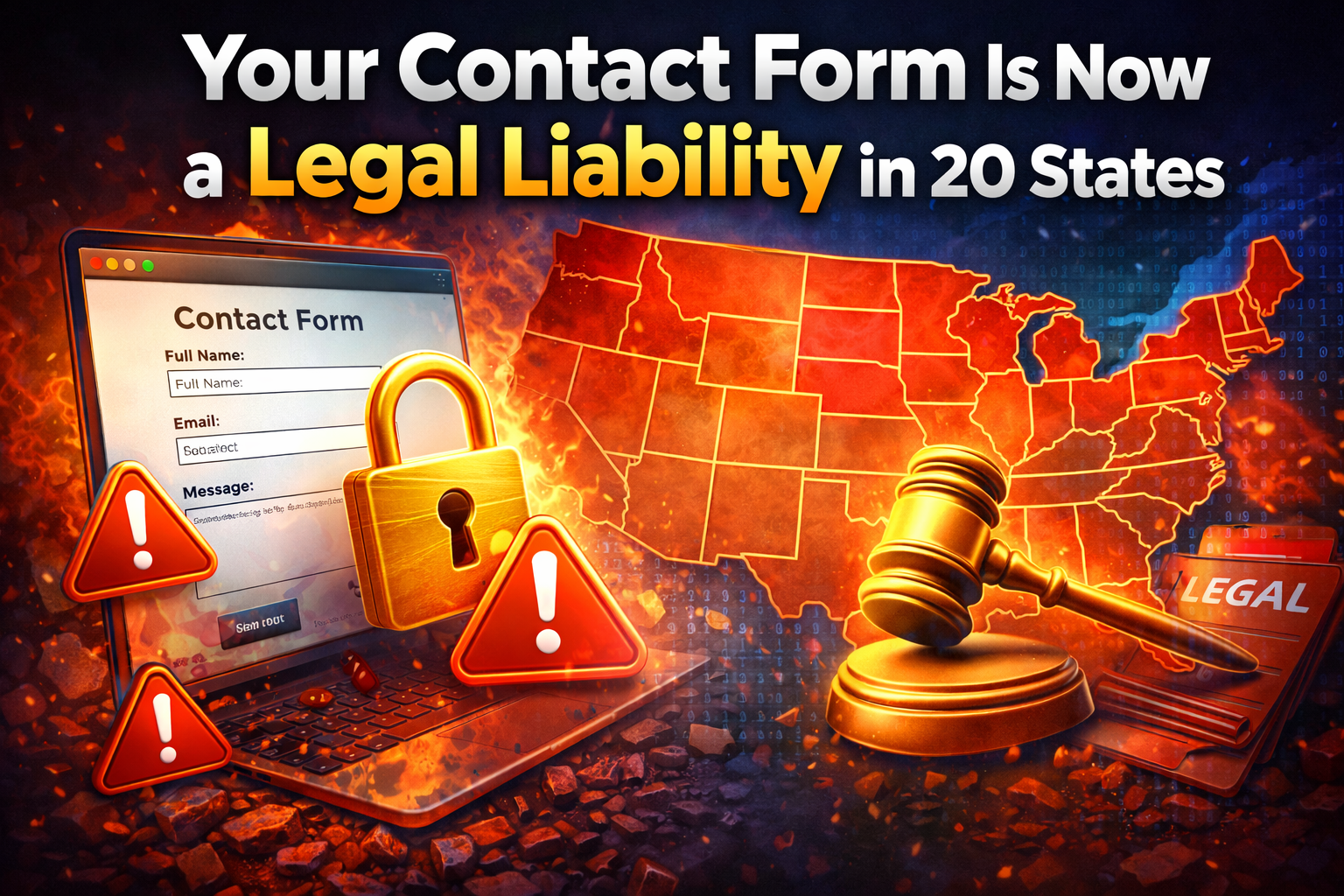 Small business owner reading legal documents next to a laptop showing a website contact form