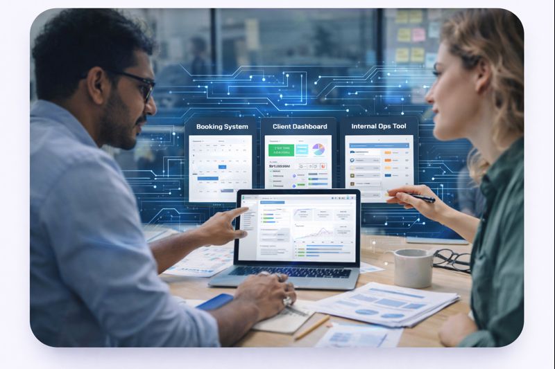 Business workflow automation diagram showing custom app integration with team processes