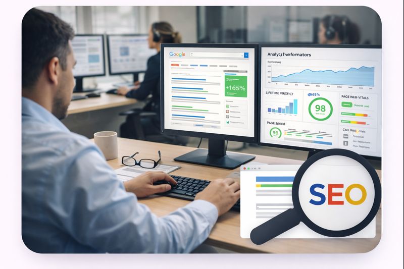 SEO performance dashboard showing improved Google rankings and website speed metrics